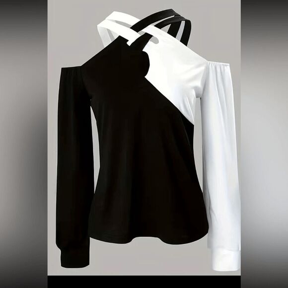 Black and white cold shoulder long sleeve crisscross top. NWOT - Picture 2 of 7